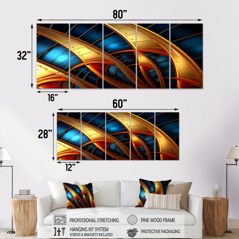 Décoration murale abstraite dorée et bleue - Fractale, 5 pièces, H 32 po x l 80 po