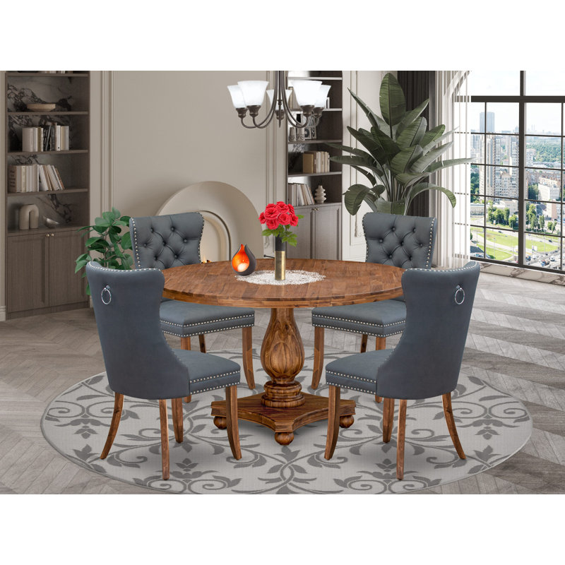 L'ensemble de table de salle à manger 5 pièces se compose d'une table de cuisine et de 4 chaises de salle à manger modernes en similicuir gris platine avec dossier capitonné - Finition noyer antique