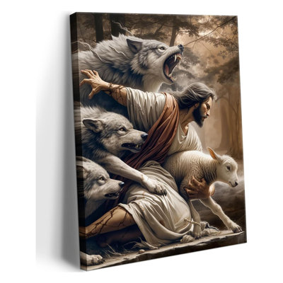 "Jésus et l'agneau", art mural "Jésus sauve l'agneau perdu", décoration murale, "Protégez un mouton des loups", reproduction d'art, affiche chrétienne pour salon, chambre à coucher, église, toile 16 x 24 po