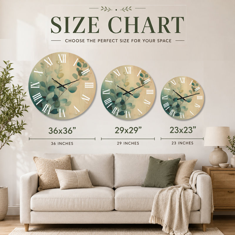 Brins d'eucalyptus côtiers II - Horloge murale ronde de style ferme, impression sur bois, Extra Large