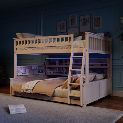 Full XL over Queen Kids Bunk Bed with Shelving, Drawers, Mini Wardrobe, Color-Changing LED Lights and Pegboard, Solid Wood & MDF, Beige