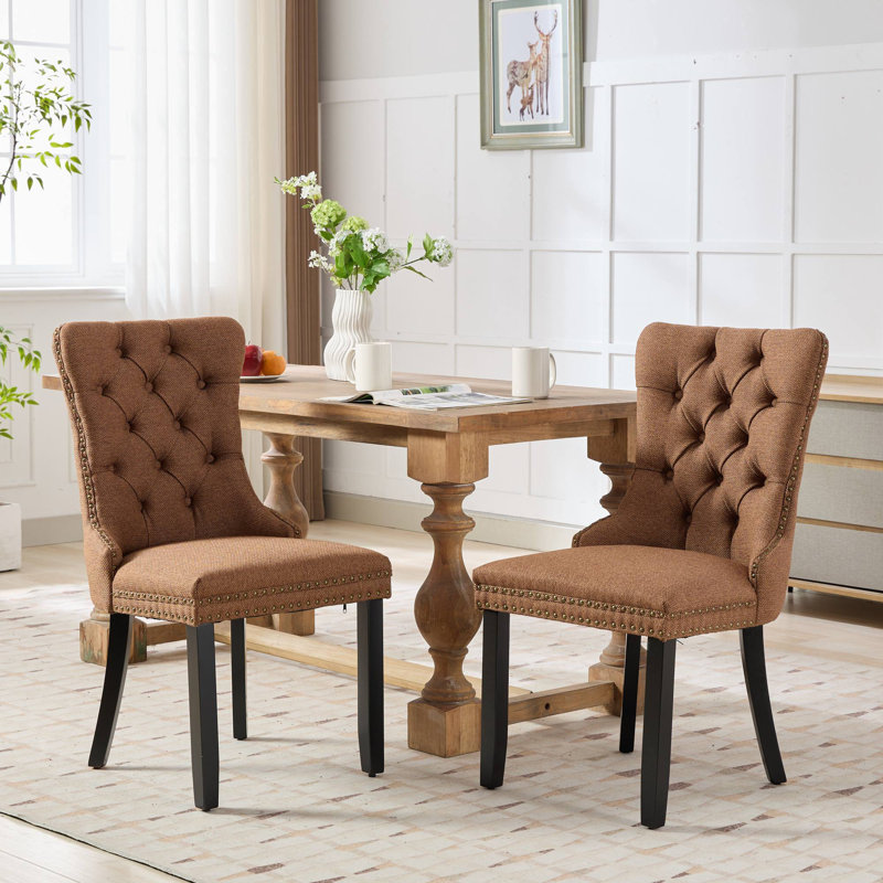 Friedrun Velvet Dining Chair Tufted Dining Room Chair with Solid Wood Leg, Coffee 