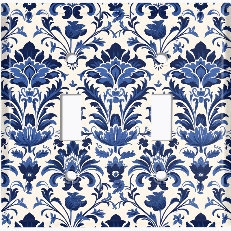 Metal Light Switch Plate Outlet Cover (Elegant Damask Blue Flower White - Double Toggle)