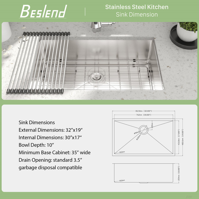Évier de cuisine encastrable 32 po - 32 po x 19 po x 10 po en acier inoxydable