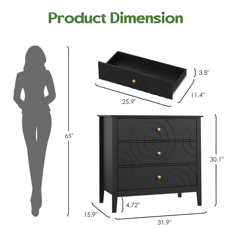 3-drawer Wood Dresser,31.9" Width,30.1" Height, Black