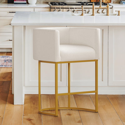 27''Upholstered Counter Stool with Curved Barrel Back, U-Shaped Metal Base, and Footrest