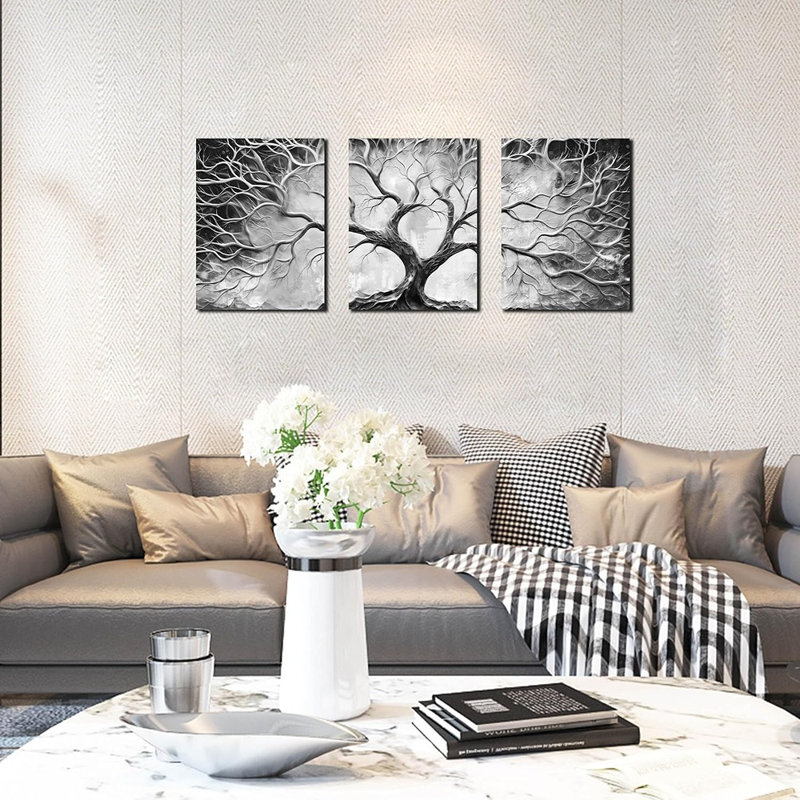 Décoration murale arbre pour salon - images modernes en noir et blanc pour chambre à coucher - 3 pièces de décoration murale pour le bureau.