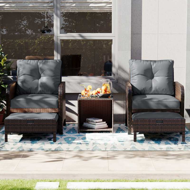 5-Piece  PE Wicker Rattan Rattan Seating Patio Conversation Sets With Ottoman, Light Gray