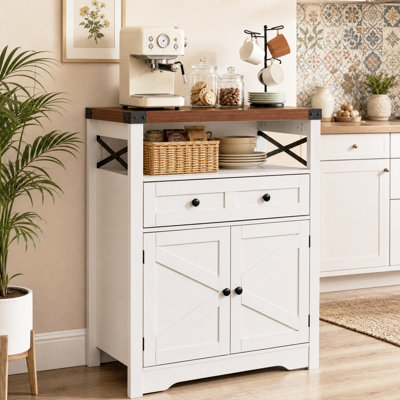 Buffet de style champêtre de 96 cm de haut avec rangement, meuble-bar à café avec tiroirs et tablette réglable, meuble d'appoint avec porte de grange et plateau épais, console de rangement pour salle à manger, cuisine, salon et entrée.