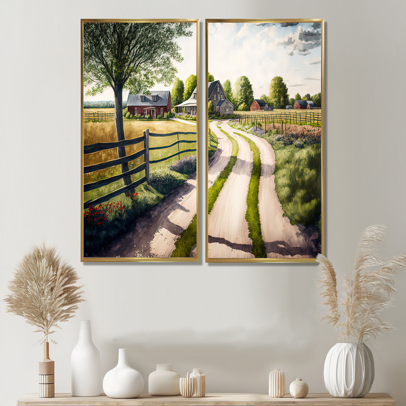 Calm Red Barn In Spring IV - Large Barn Landscape Art mural 2 pièces, 32" H x 32" W, Impression encadrée flottante, Gold