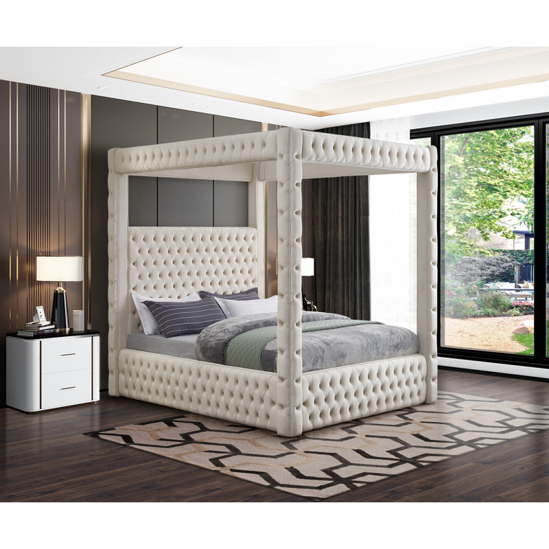 Très grand lit plateforme tapissier Ekke, Velours beige, Très grand