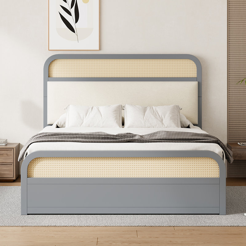 Grand lit plateforme en bois avec lit gigogne et 2 tiroirs, Gris