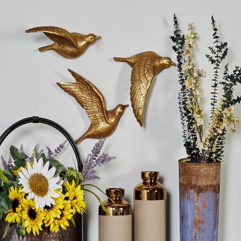 Polystone Metallic 3D Floating Bird Home Wall Decor Set of 3, 10" H X 10" W X 3" D, Gold