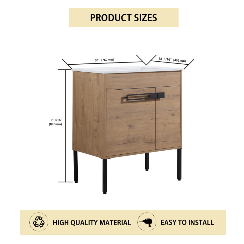 Single Bathroom Vanity with Ceramic Top, 30", Natural