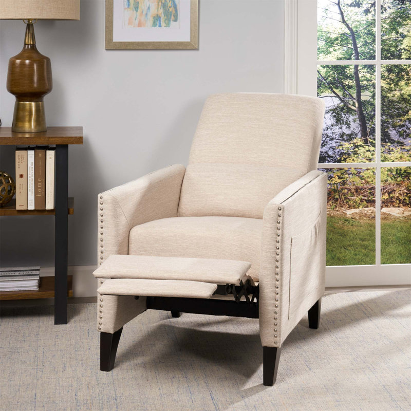 Pushback Recliner Chair With Side Pocket, Fabric Armchair For Living Room And Bedroom, Mid-Century Modern Design With Rivet Decoration