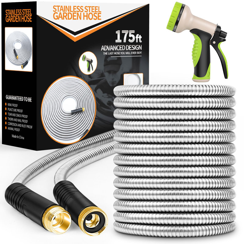 Metal Garden Hose With 10 Function Nozzle, 15" H x 1800" L x 15" D