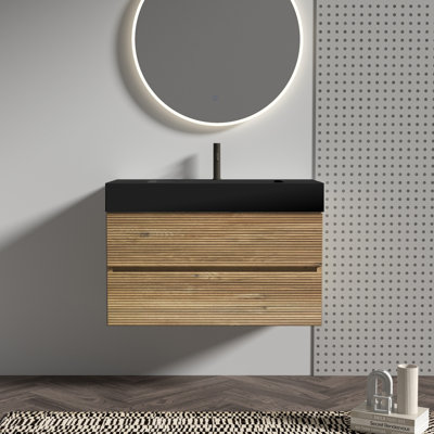 Meuble-lavabo mural moderne 36 po avec lavabo en chêne, tiroirs noirs doux, configuration à double tiroir, épissure de grille et de noyer, matériaux E1, laque E0, poignée centrale cachée, fermeture silencieuse
