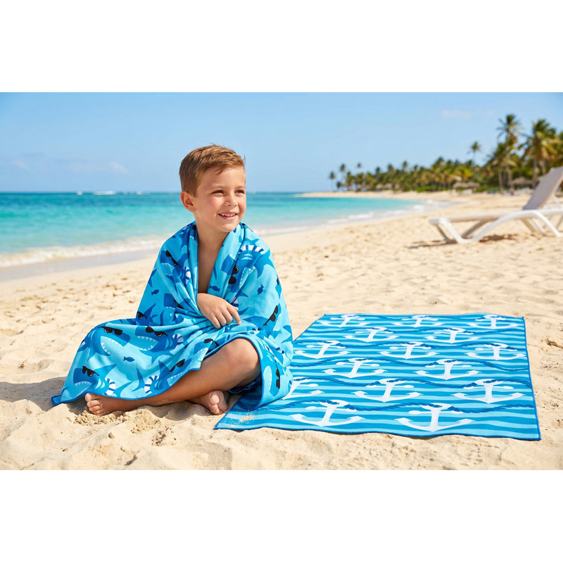 Reversible Microfiber Beach Towel for Kids - Quick Dry, Sand Free 28 x 58 inch - Fun Shark & Anchor Print Pool Towel for Boys