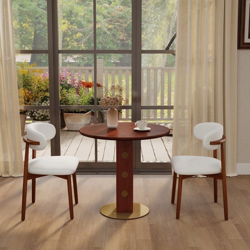Dining Table de salle à manger ronde rétro en noyer de 80 cm avec base en laiton et bois massif. Table avec pieds en bois et base dorée, table pour 2 personnes pour petit espace