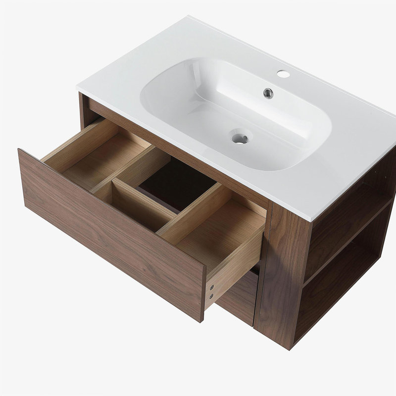 Meuble-lavabo mural 30 po avec lavabo en gel, tiroir à fermeture en douceur, Chêne brun