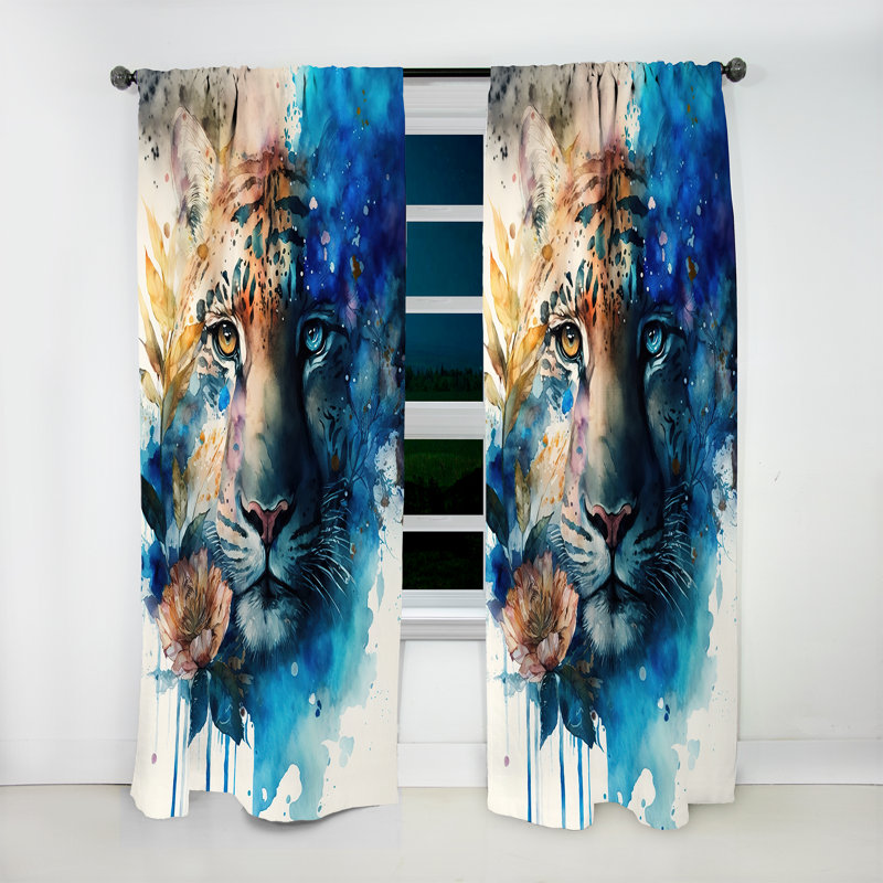 Tiger Portrait With Flowers II - Modern Velvet Curtain - Room Darkening - 1 panel, 52" W x 120" L
