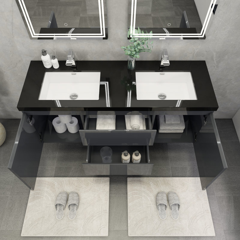 Castin 60" Wall-Mounted Double Bathroom Vanity Set, Glossy Gray