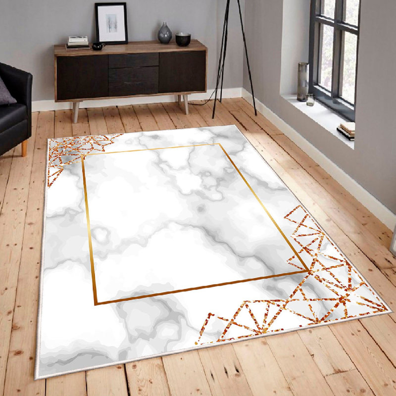Premium 100% Cotton Area Rug, 31.5 x 118.1 Inches | Antibacterial, Non-Slip PVC Underside, Machine Washable | Elegant White, Grey & Gold Design, Soft Pile Height: 0.4 Inches | Perfect for Living Room & Bedroom Decor