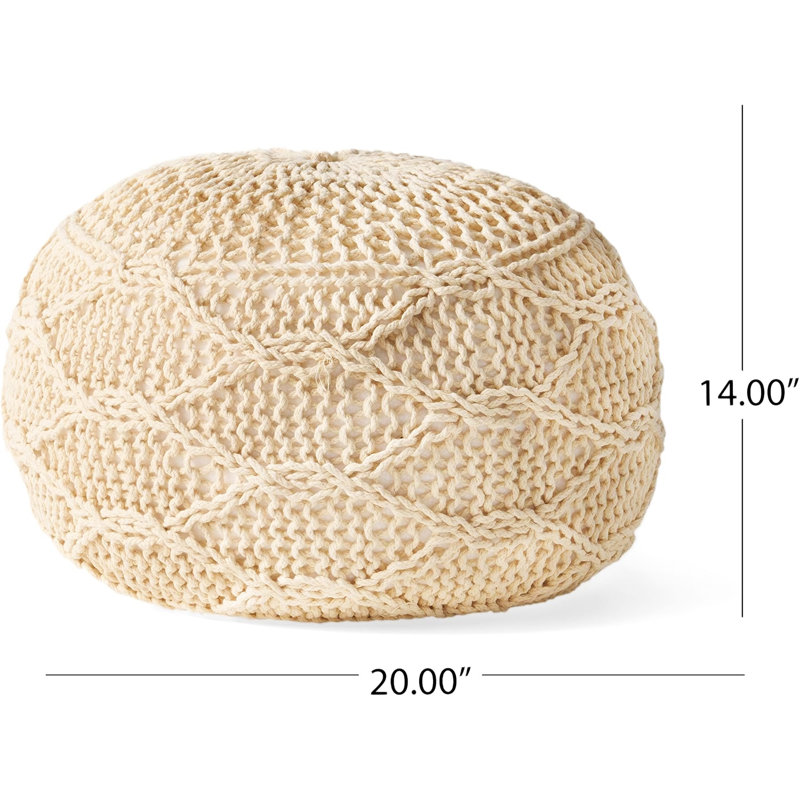 MALIBU KNITTED WOOL 20 X 20 ROUND POUF, Ivory Wool