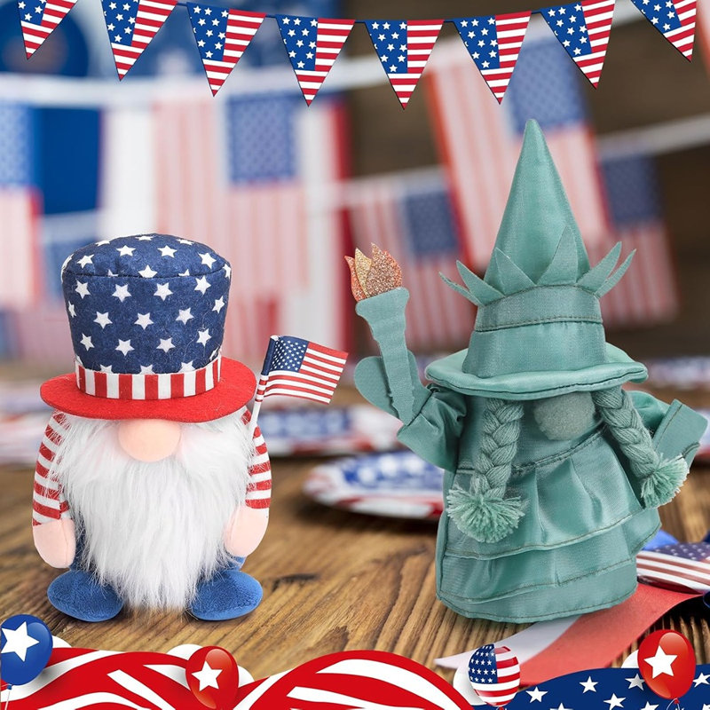4 juillet décorations de gnomes patriotiques, 2 pièces de gnomes suédois faits à la main en peluche Statue de Liberty Doll, ornements de table pour le 250e anniversaire