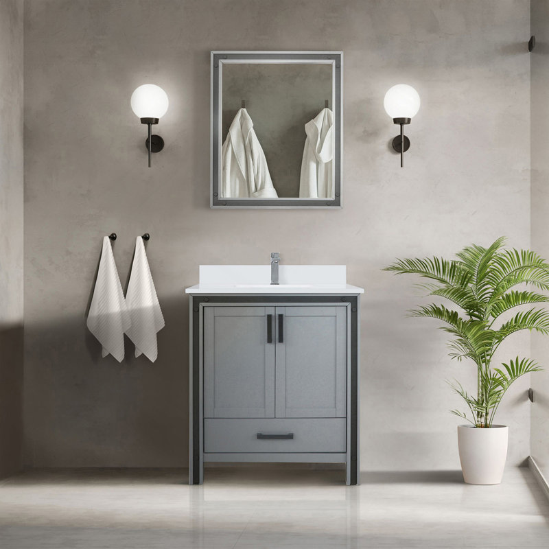 Meuble-lavabo gris foncé 30 po X P 22 po D, plateau en quartz blanc et Miroir, Gris foncé