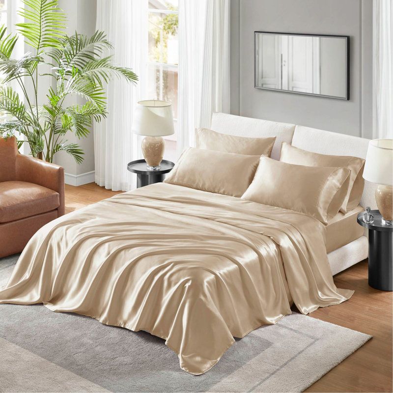 Ensemble de draps de luxe en satin simple, sans plis, Couvre-lit double + 5 pièces supplémentaires, Champagne