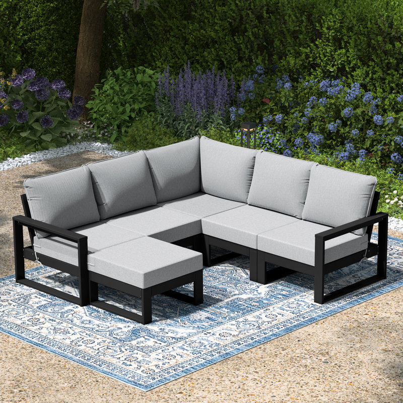 Ensemble de conversation de terrasse avec repose-pieds et cadre 6 pièces, Gris clair, Noir, noir, noir, noir