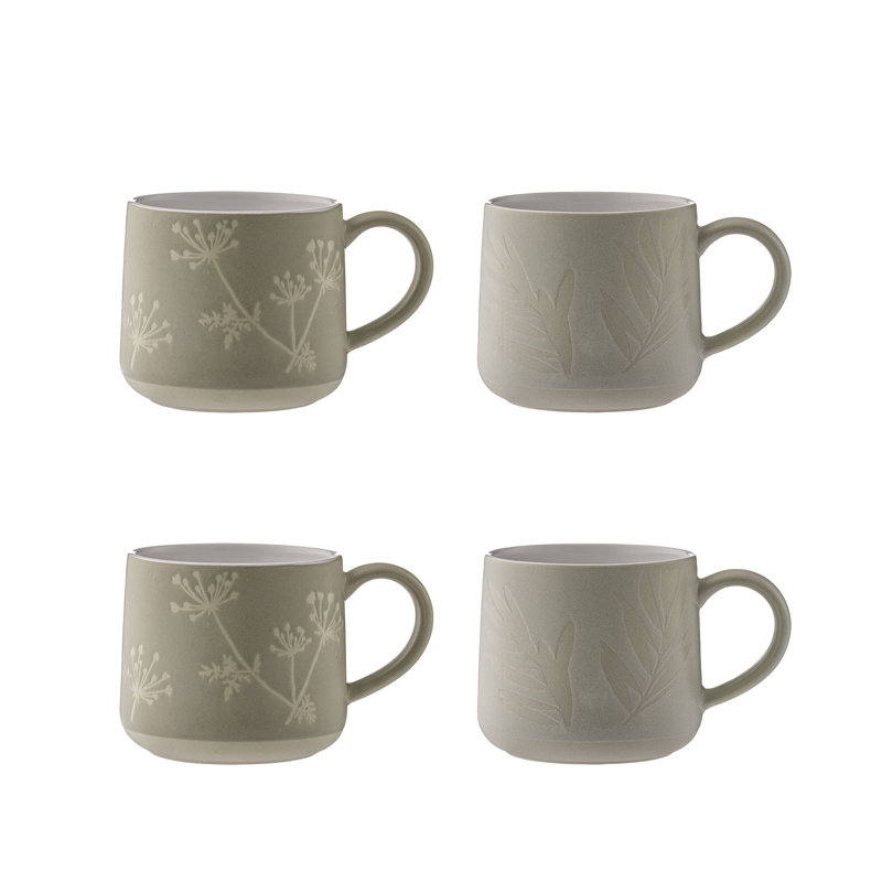 Set Of 4 Botanical Mugs Grey & Stone