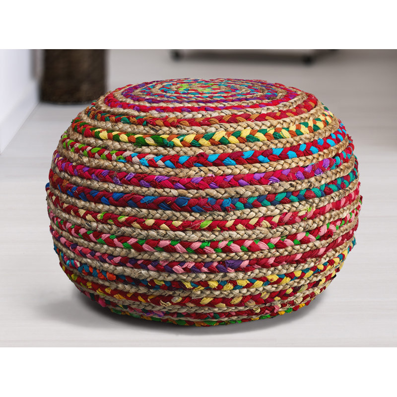 Ahlers Modern Coastal Striped Handmade Jute Round Ottoman Pouf, Pink/Green/Yellow