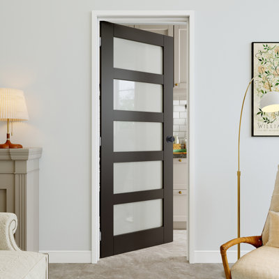 Porte pré-suspendue en verre givré noir de 30 po x 80 po à 5 lumières avec bouton rond et charnières argentées, dalle de porte d'intimité en verre, insonorisant et imperméable, combinaison pour la lessive, portes de placard, portes de chambre, main gauche