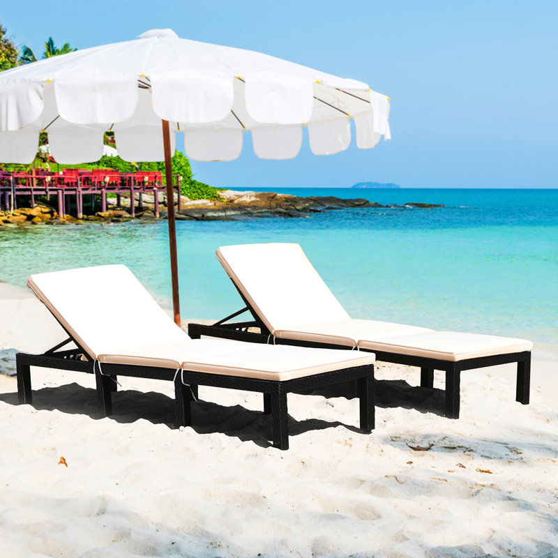Kaneaki Outdoor Wicker Chaise Lounge with Table , Cushion Included, Beige