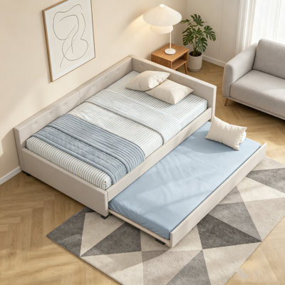Lit plateforme tapissier pleine grandeur beige avec ports de chargement USB et lit gigogne simple