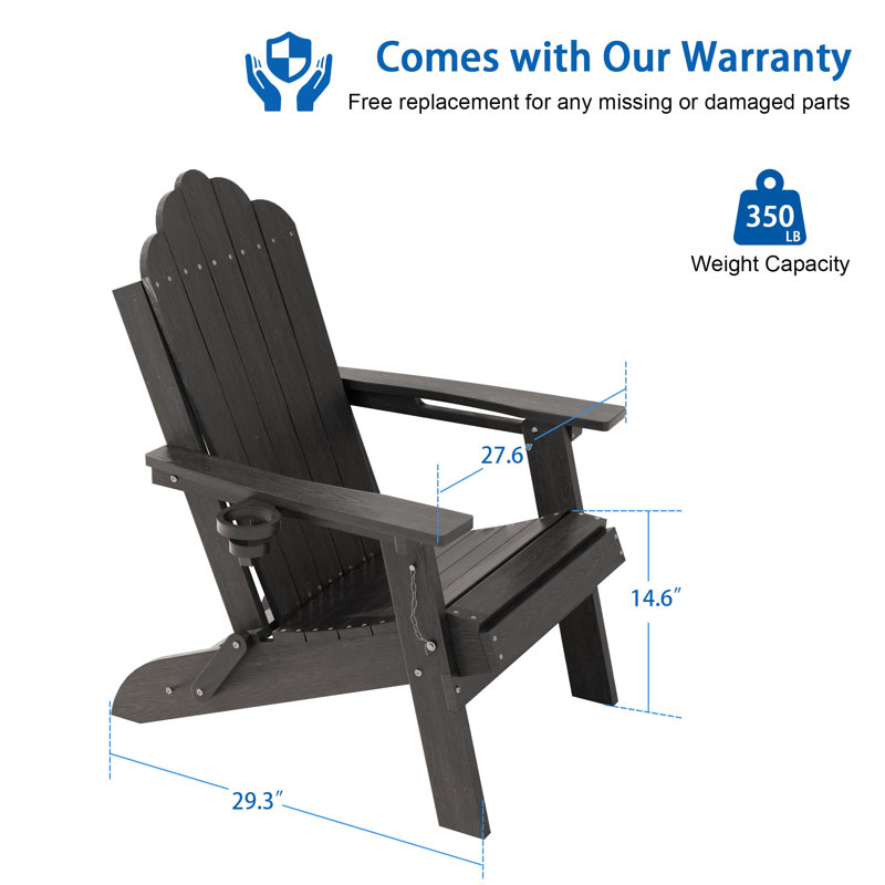 Heavy Duty HDPE Folding Adirondack Chair 350 lbs Capacity, Outdoor Adirondack Chair With Cup Holder for Patio, Lawn and Balcony