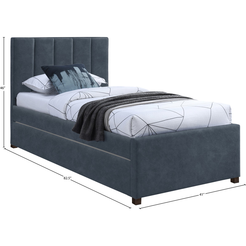 Lit plateforme tapissier Glowacki, Bleu marine en cuir végétalien