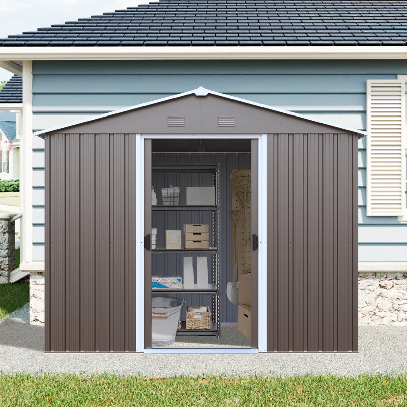 8ft X 4ft Outdoor Metal Storage Shed With Window & Metal Foundation - Galvanized Steel Construction, Punch Vents, Padlockable Sliding Doors, Diy Easy Assembly W/ Shelf, Hooks, Anchors & Gloves