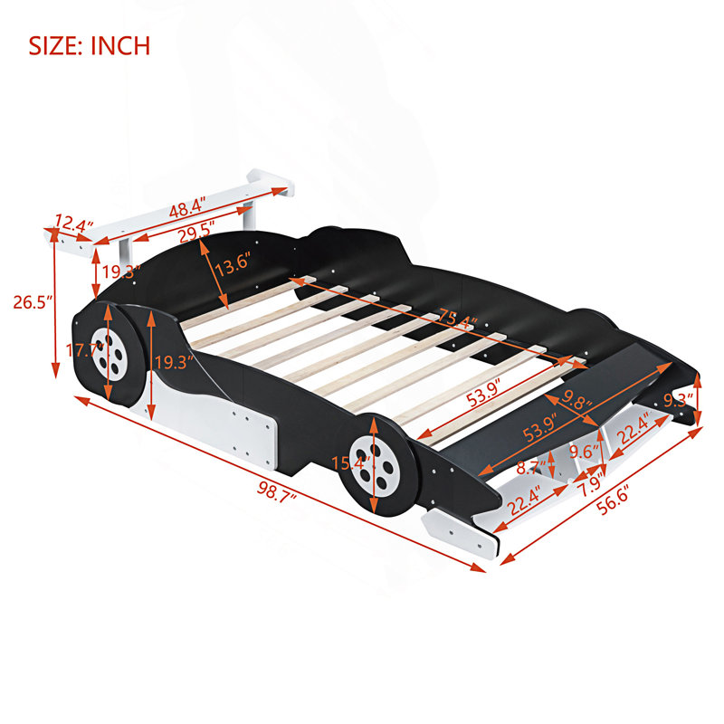 Lit plateforme pleine grandeur en forme de voiture de course avec roulettes, Noir