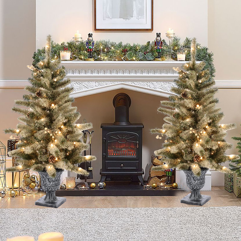 4' Lighted  Artificial Flocked Pine Christmas Tree Potted (Set of 2)