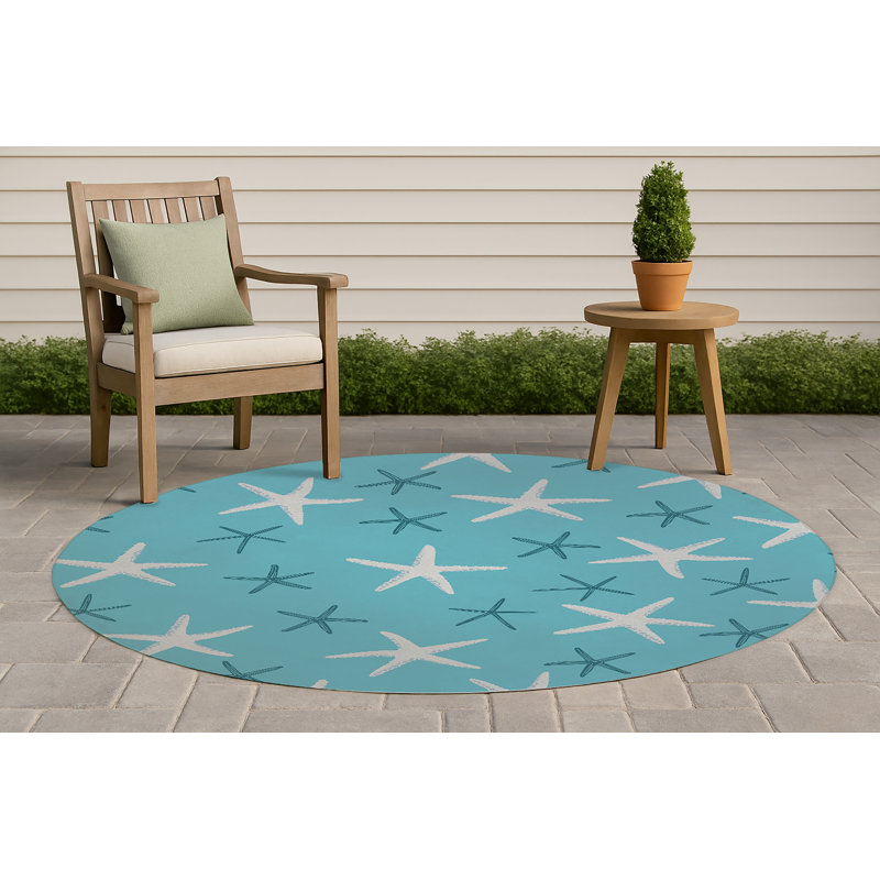 Starfish Decorative Outdoor Rug, Blue, Round 5'