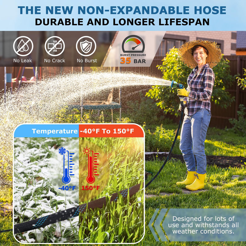 Tuyau d'arrosage non extensible avec buse à 10 motifs, H 15 po x L 600 po x P 15 po