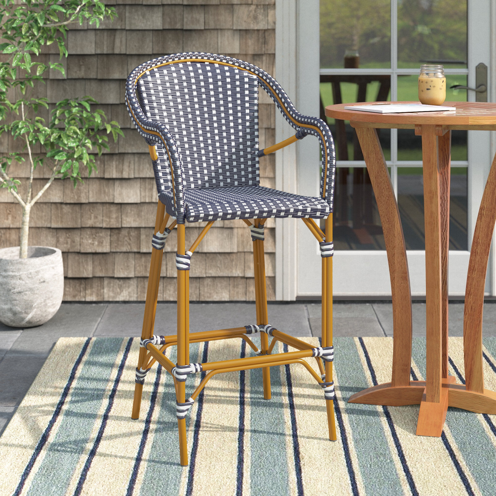 Popplewell 46.5'' Aluminum Outdoor Bar Stool, Navy/White, 29.5" H x 22.5" W x 25.5" D