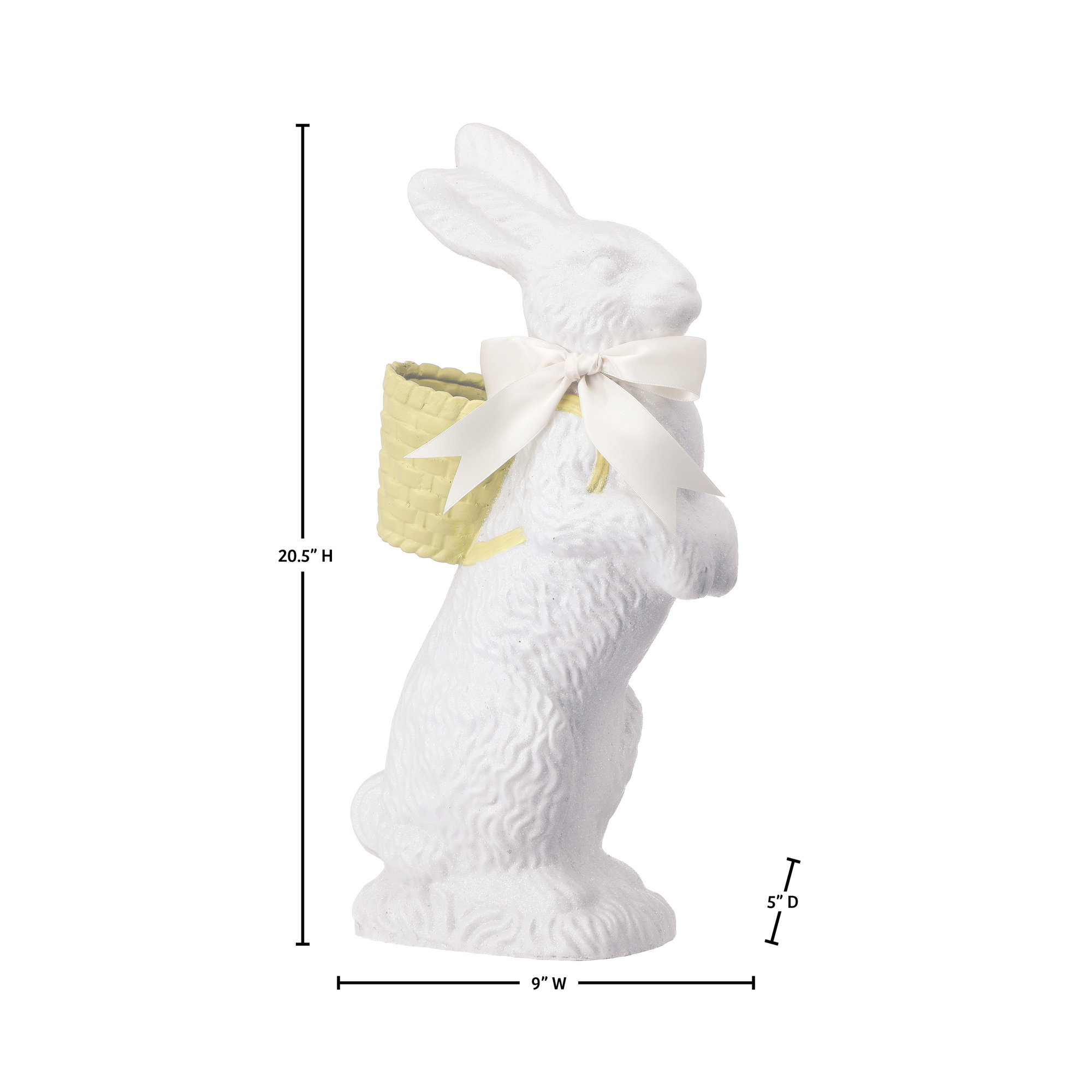 Resin Chocolate Standing Bunny With Basket 35", White/Yellow, 20.5 in x 9 in