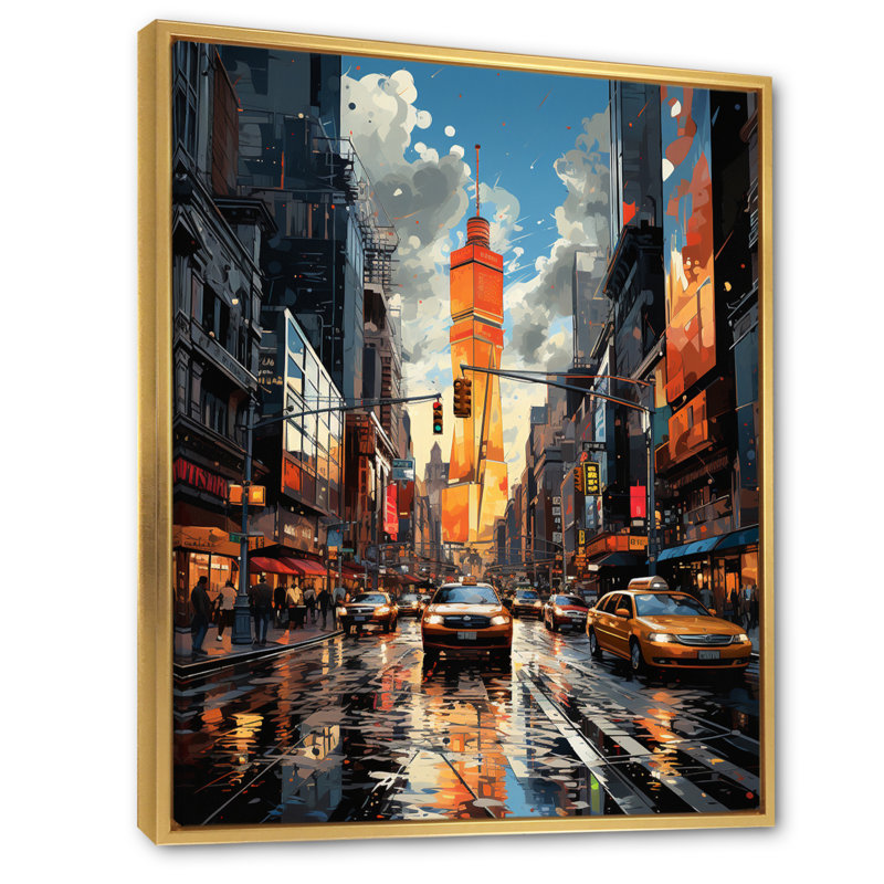 Collage sur toile jaune et gris de New York, H 20 po x l 12 po x P 1 po, Cadre flottant doré