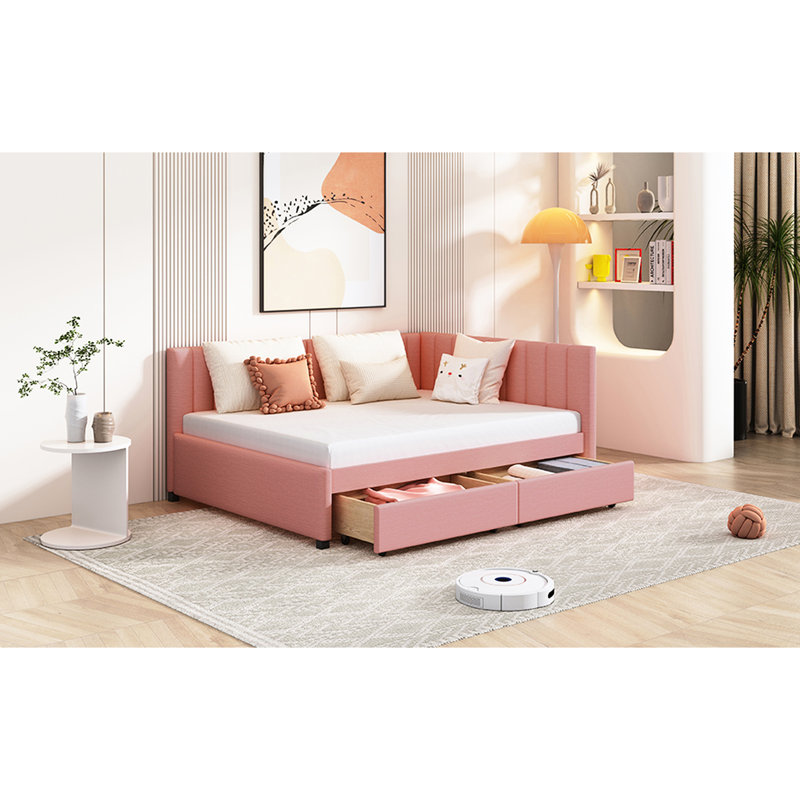 Upholstered Daybed With Storage  Pink Linen , No Box Spring, Bed 2 In Pink Linen - Stable Frame For A Good Night's Rest, Pink