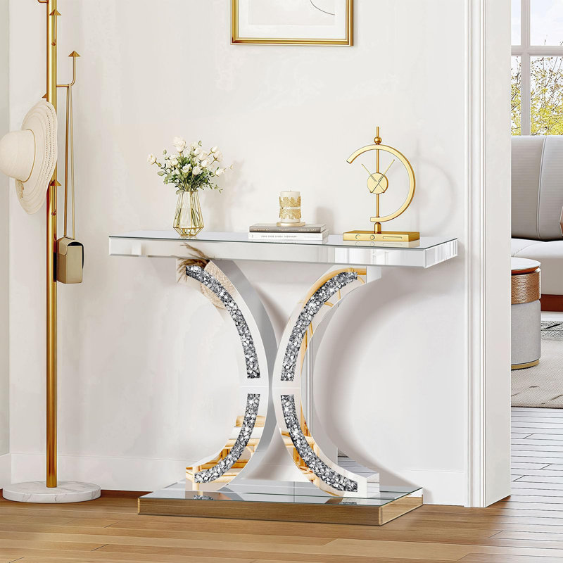 Silver Mirrored Console Table With Crushed Diamond Inlay, 39.4'' Long Glass Entryway Sofa Table, C-shaped Base Modern Accent Narrow Table For Living Room, Hallway, Foyer, Entrance