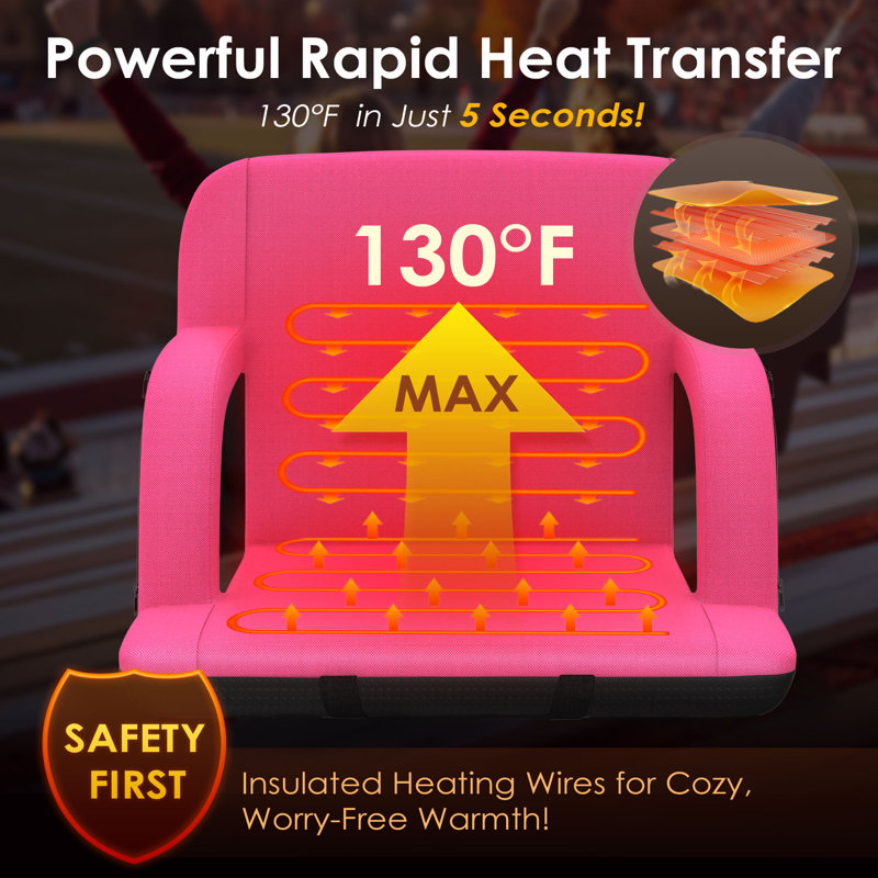 Charnetta 25In Heated Stadium Seat for Bleachers with Back Support, Portable Bleacher Seat USB 3 Levels of Heat, Pink